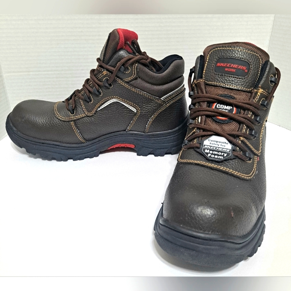 Skechers Industrial Dark Brown Work Burgin Boots Comp Toe Wide Fit Size 10 NWT